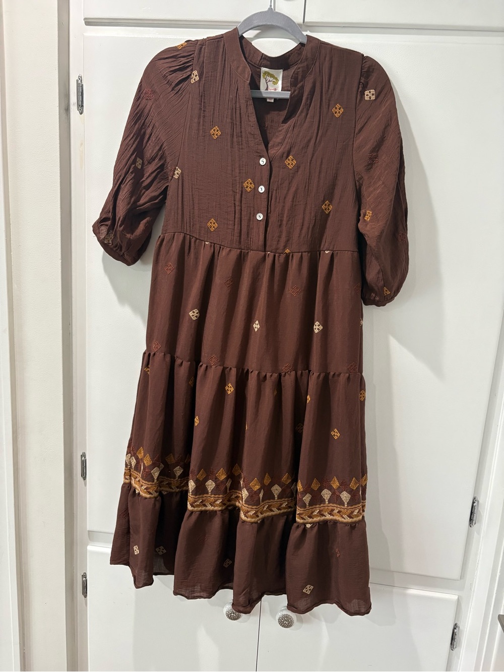 fig and flower Rust Brown Embroidered Button-Front Dress